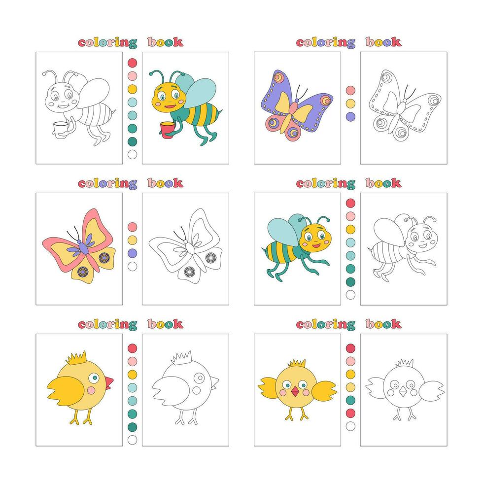 gros feuille avec coloration livres pour enfants. marrant personnages de enfants Fée contes. papillon, abeille, poulet. mignonne main tiré personnages pour coloration. les enfants éducation. vecteur