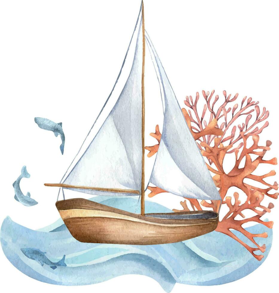 composition de voile navire ancien style aquarelle illustration isolé sur blanche. voilier, navire sur vagues, corail, poisson main dessiné. puéril conception, élément pour gars, garçons chambre, imprimé des produits vecteur