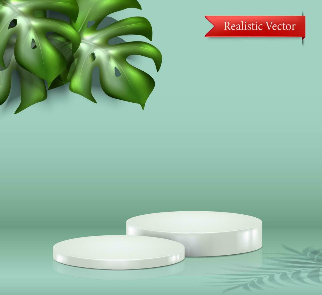 3d réaliste vecteur Contexte. produit afficher blanc podium, cosmétique produit vitrine avec tropical feuilles.