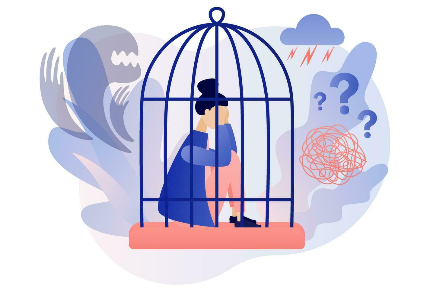 femme dans cage dû interne craintes. les phobies, anxiété, panique attaque. psychologie, solitude, peur ou mental santé problèmes, dépression. moderne plat dessin animé style. vecteur illustration sur blanc Contexte