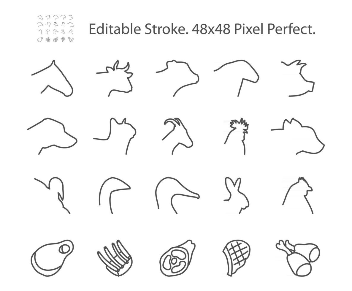 icônes de ligne de vecteur liées à la viande d'animaux de ferme