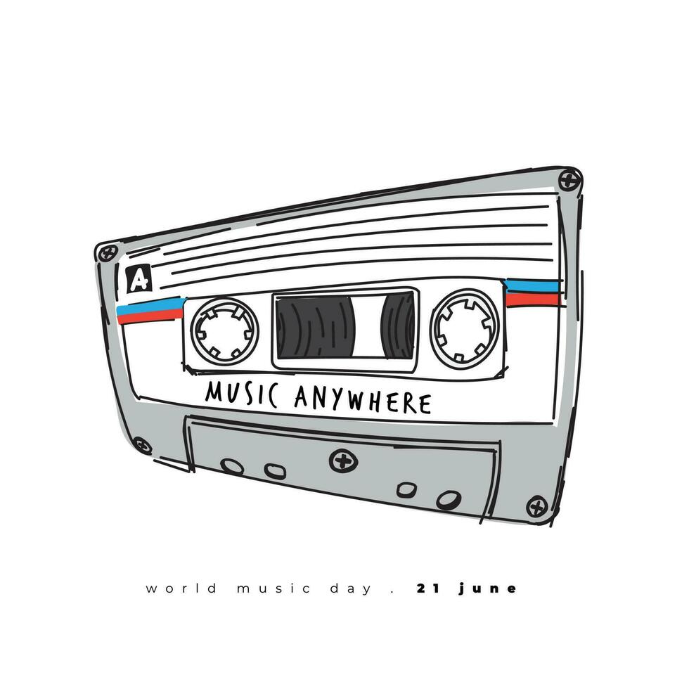 rétro ruban cassette vecteur illustration dans main tiré conception pour monde la musique journée modèle