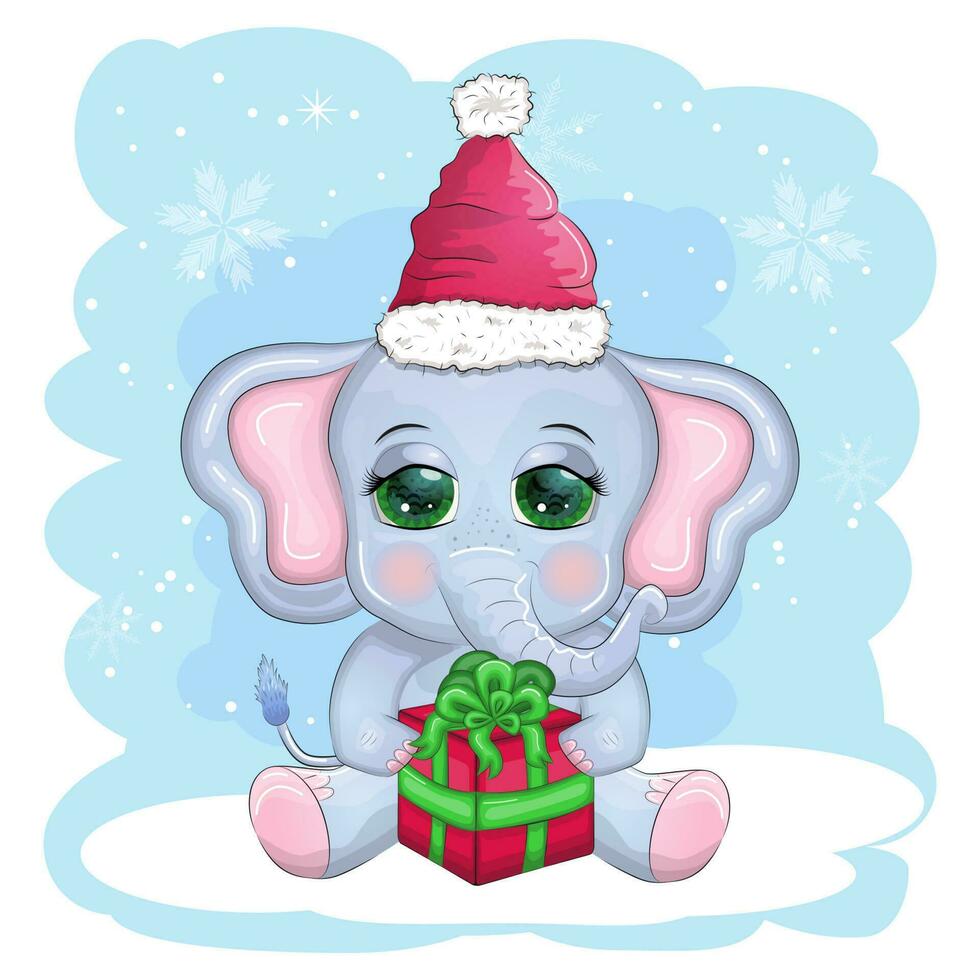 mignonne dessin animé éléphant, puéril personnage avec magnifique yeux portant Père Noël chapeau, foulard, en portant cadeau, Noël Balle vecteur