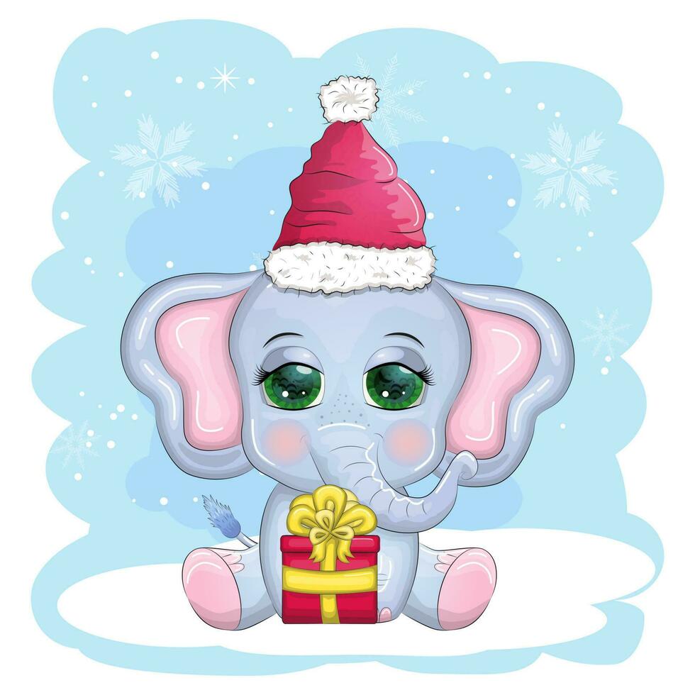 mignonne dessin animé éléphant, puéril personnage avec magnifique yeux portant Père Noël chapeau, foulard, en portant cadeau, Noël Balle vecteur