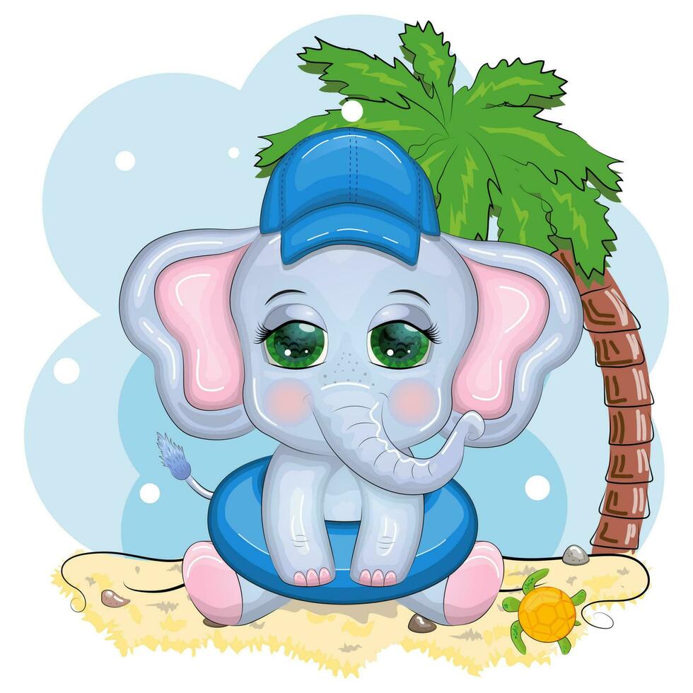 mignonne dessin animé éléphant, enfants personnage dans une nager cercle et Panama chapeau, été, vacances, plage vecteur