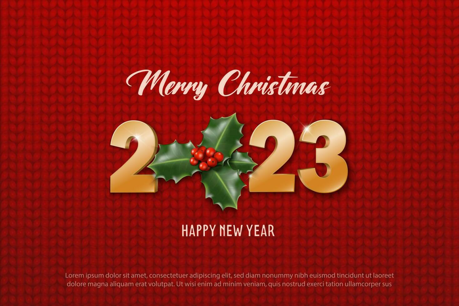 content Nouveau année 2023. joyeux Noël. modèle pour salutation carte, bannière, prospectus. or 2023 sur le rouge Contexte avec Noël gai vert plante. vecteur