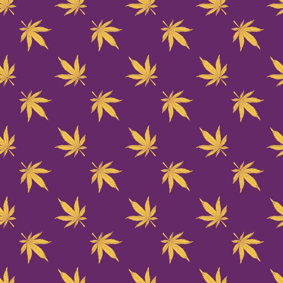 modèle sans couture de cannabis. feuilles de chanvre jaune sur fond violet. illustration vectorielle de motif de marijuana vecteur