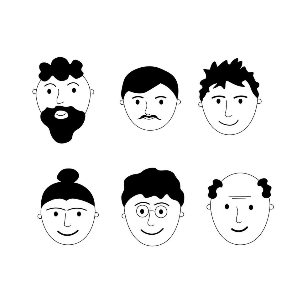 Hommes. visage portraits de différent Masculin personnages de différent âge, différent coiffures, psychotype et taper. dessin animé vecteur illustration. ligne art. tiré par main. conception élément. isolé Contexte