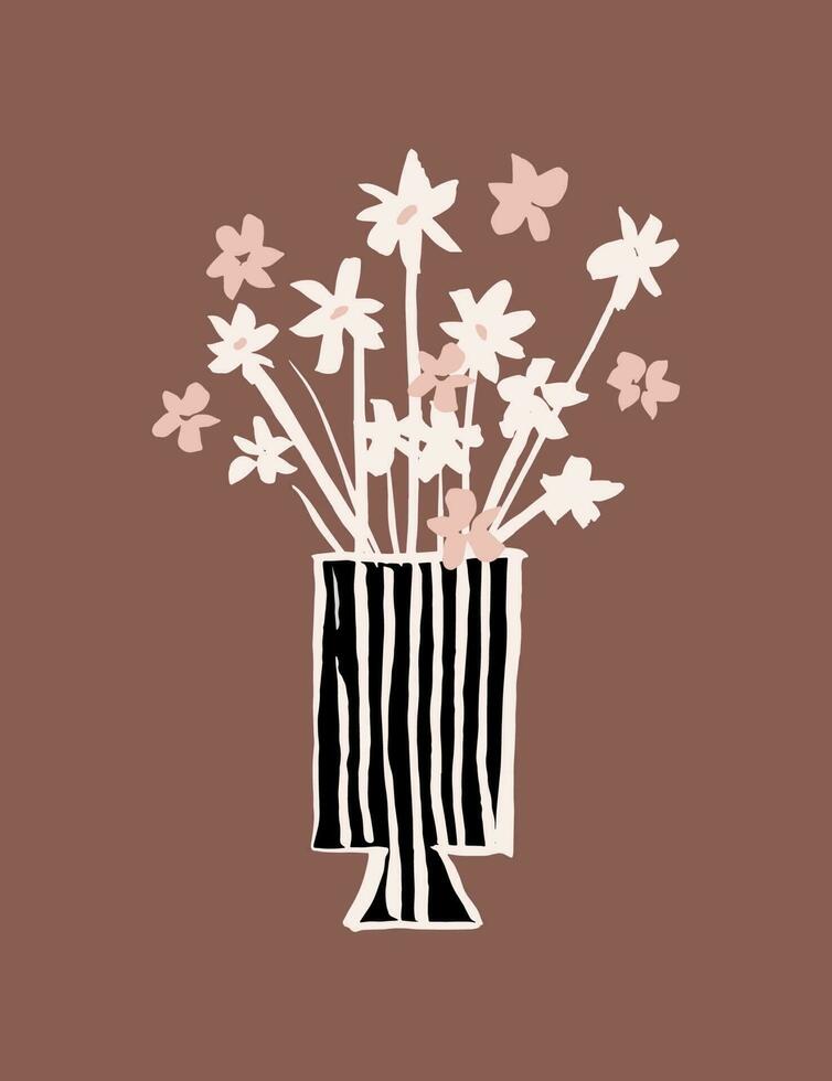 encore vie. affiche avec fleurs dans une vase. le abstrait floral motif, main dessiné. branché botanique mur art dans une minimaliste style. moderne intérieur décorations, carte. vecteur art illustration.