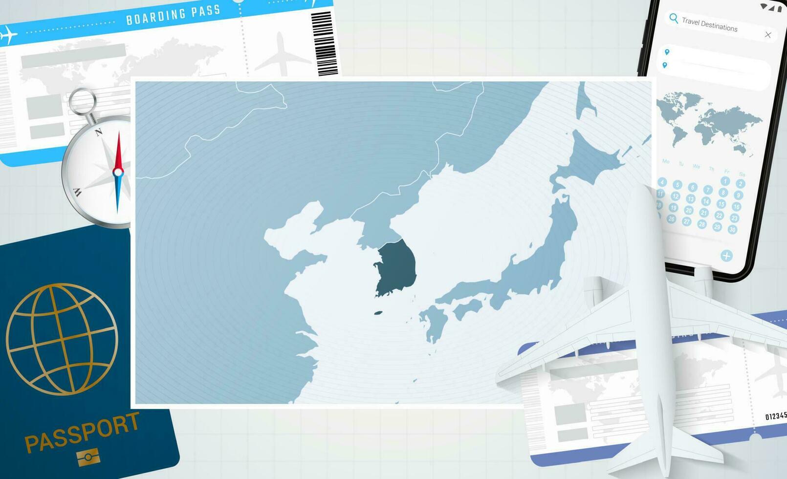 périple à Sud Corée, illustration avec une carte de Sud Corée. Contexte avec avion, cellule téléphone, passeport, boussole et des billets. vecteur