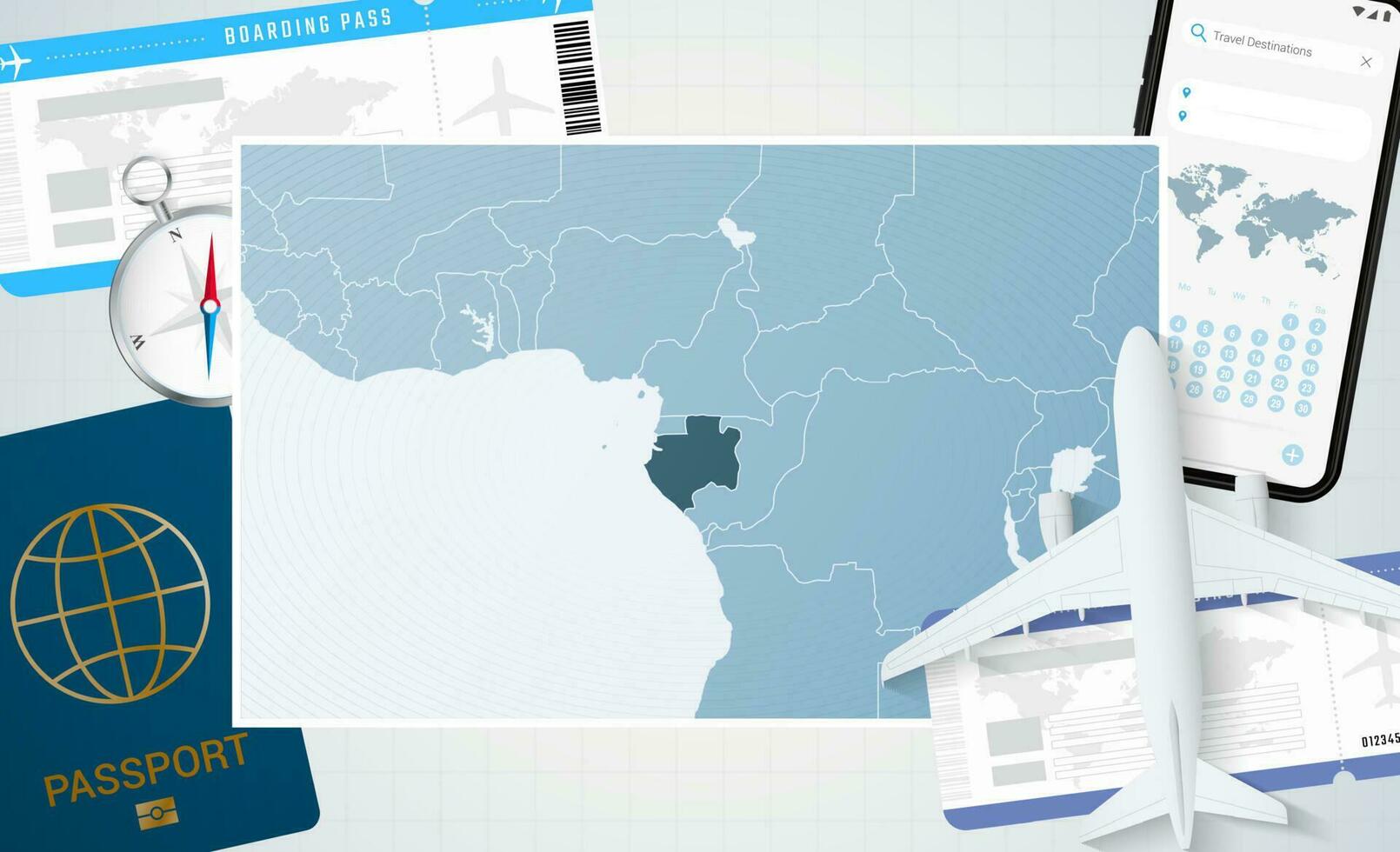 périple à Gabon, illustration avec une carte de Gabon. Contexte avec avion, cellule téléphone, passeport, boussole et des billets. vecteur