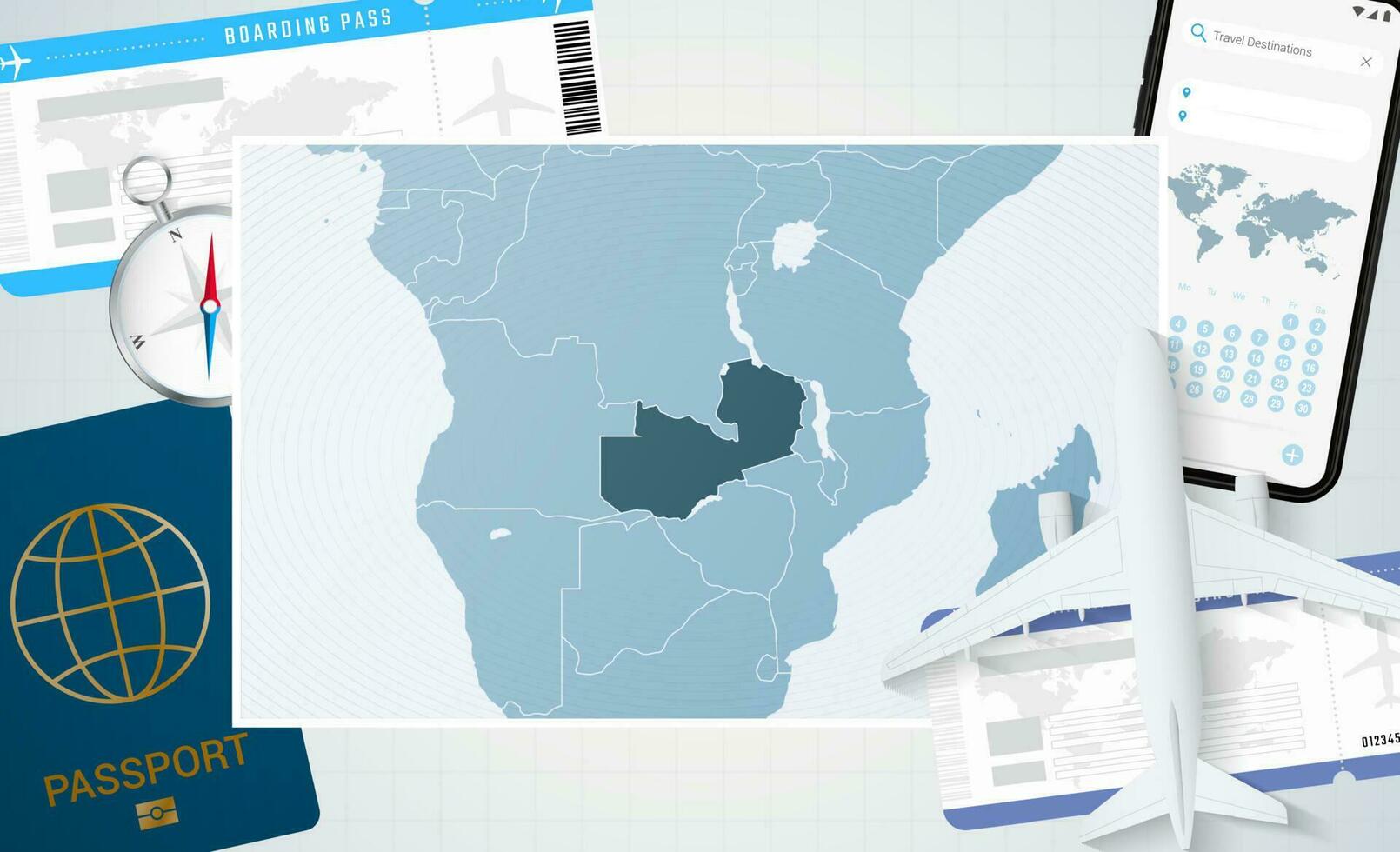 périple à Zambie, illustration avec une carte de Zambie. Contexte avec avion, cellule téléphone, passeport, boussole et des billets. vecteur