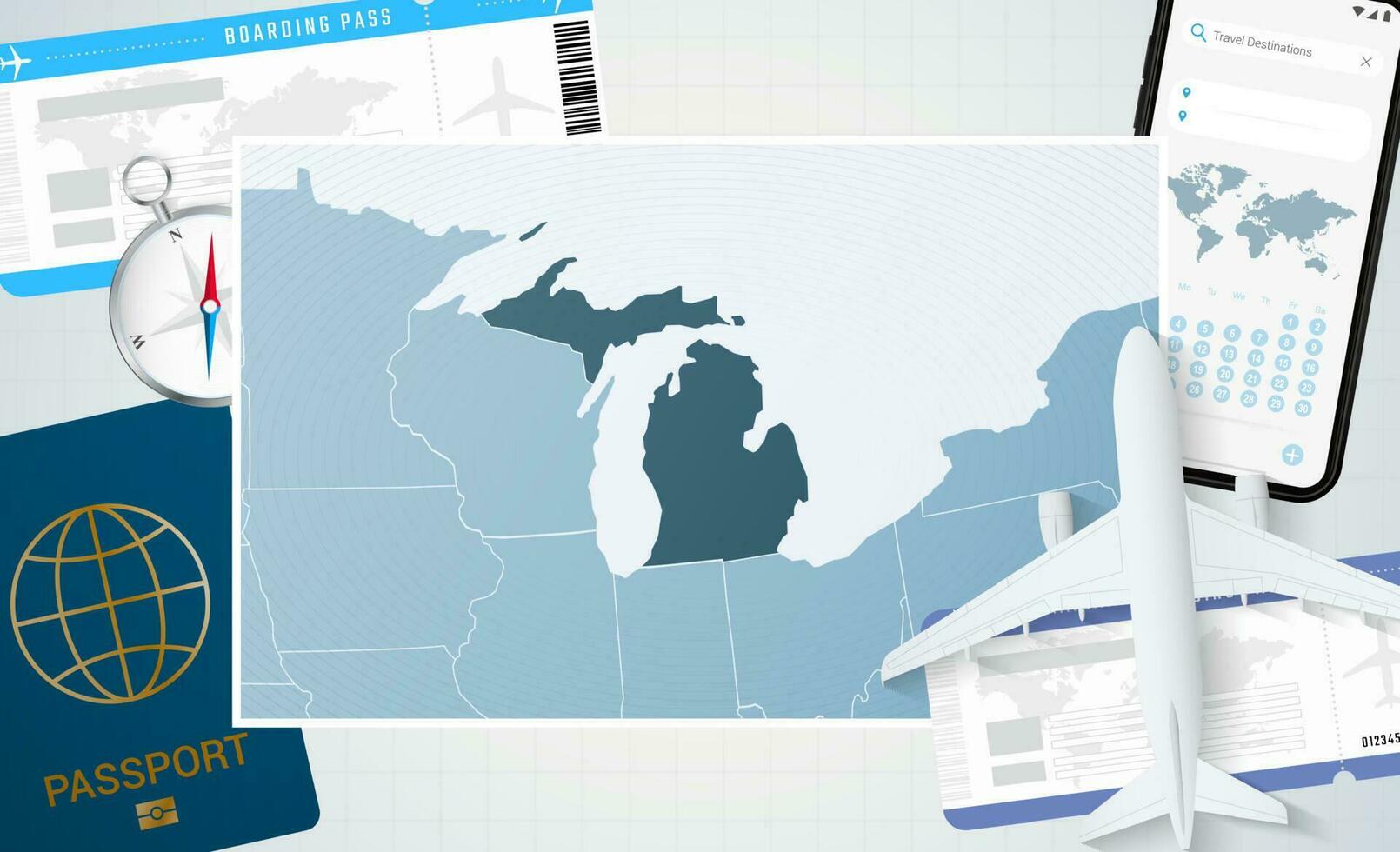 périple à Michigan, illustration avec une carte de Michigan. Contexte avec avion, cellule téléphone, passeport, boussole et des billets. vecteur