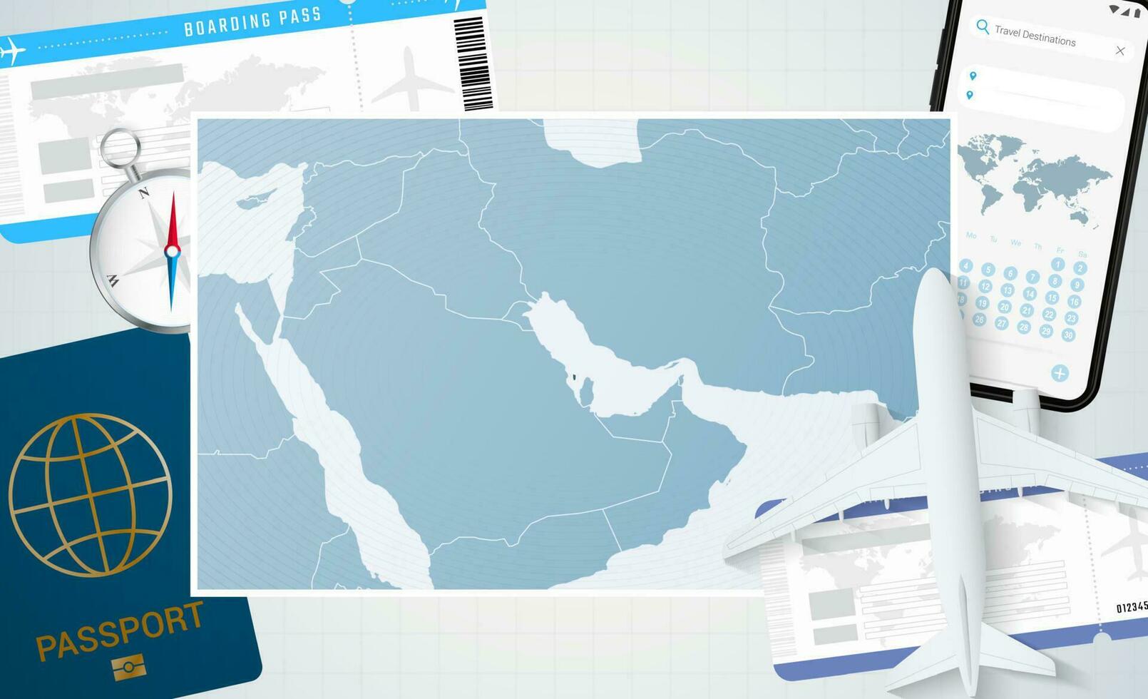 périple à bahreïn, illustration avec une carte de bahreïn. Contexte avec avion, cellule téléphone, passeport, boussole et des billets. vecteur