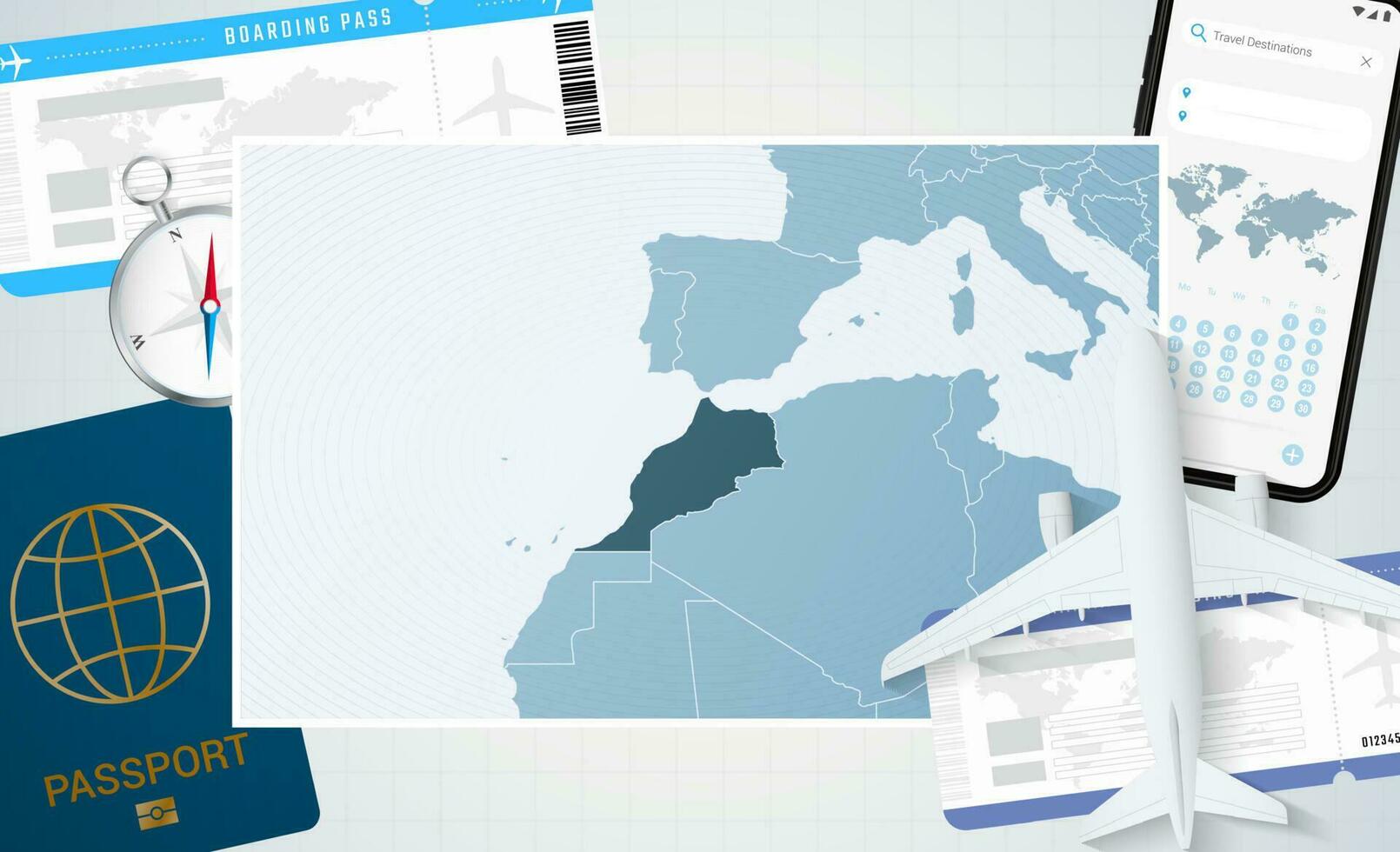 périple à Maroc, illustration avec une carte de Maroc. Contexte avec avion, cellule téléphone, passeport, boussole et des billets. vecteur