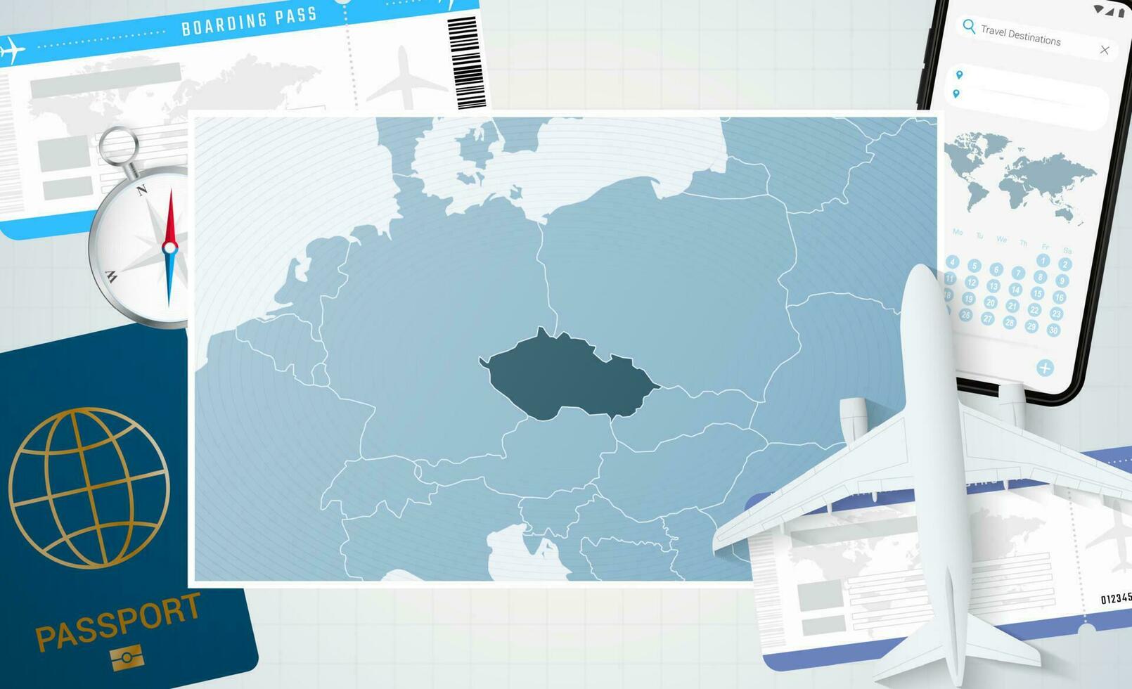 périple à tchèque république, illustration avec une carte de tchèque république. Contexte avec avion, cellule téléphone, passeport, boussole et des billets. vecteur