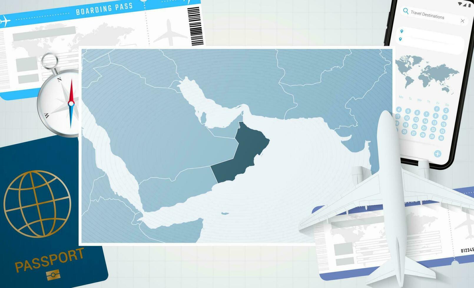périple à Oman, illustration avec une carte de Oman. Contexte avec avion, cellule téléphone, passeport, boussole et des billets. vecteur