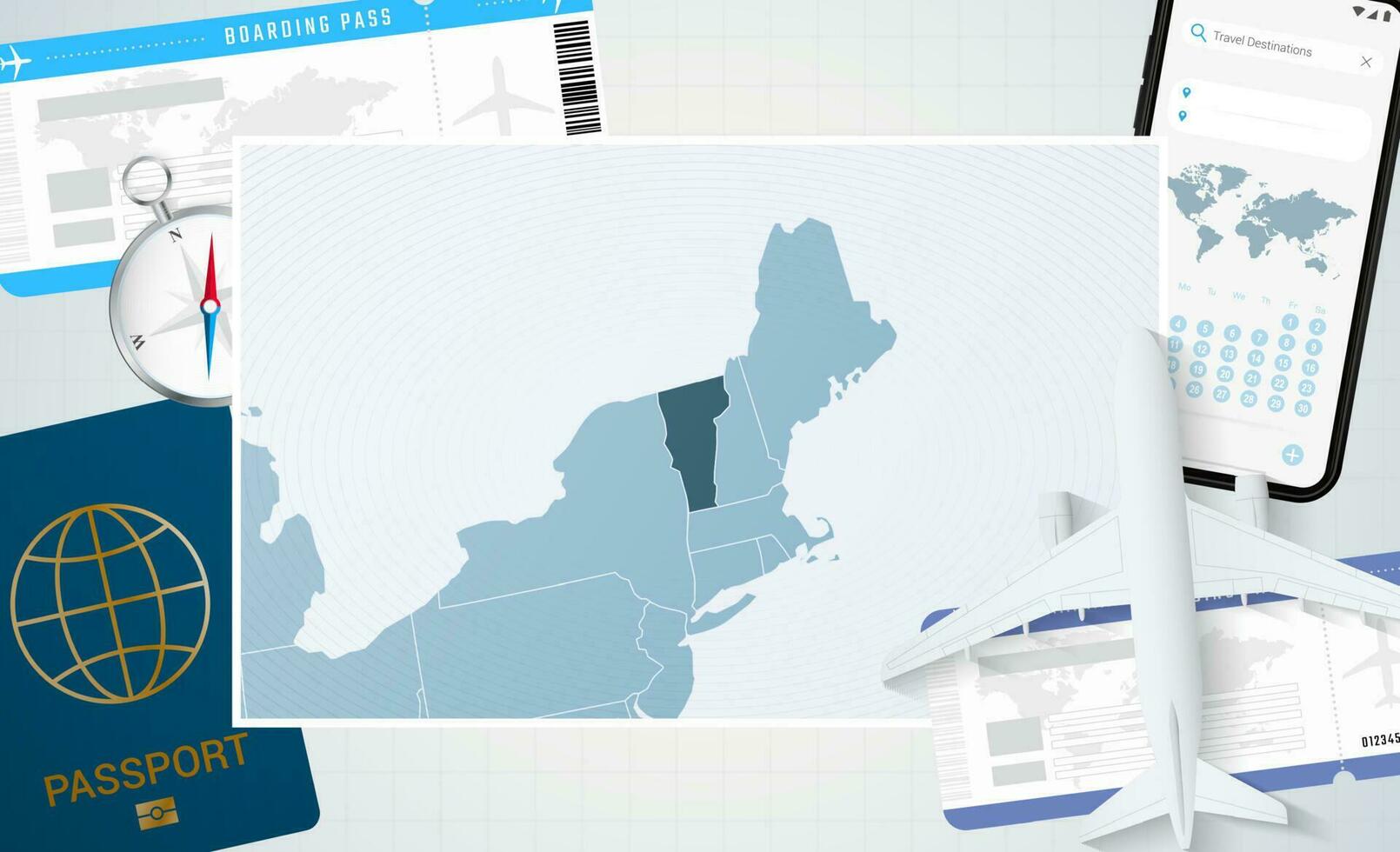 périple à Vermont, illustration avec une carte de Vermont. Contexte avec avion, cellule téléphone, passeport, boussole et des billets. vecteur