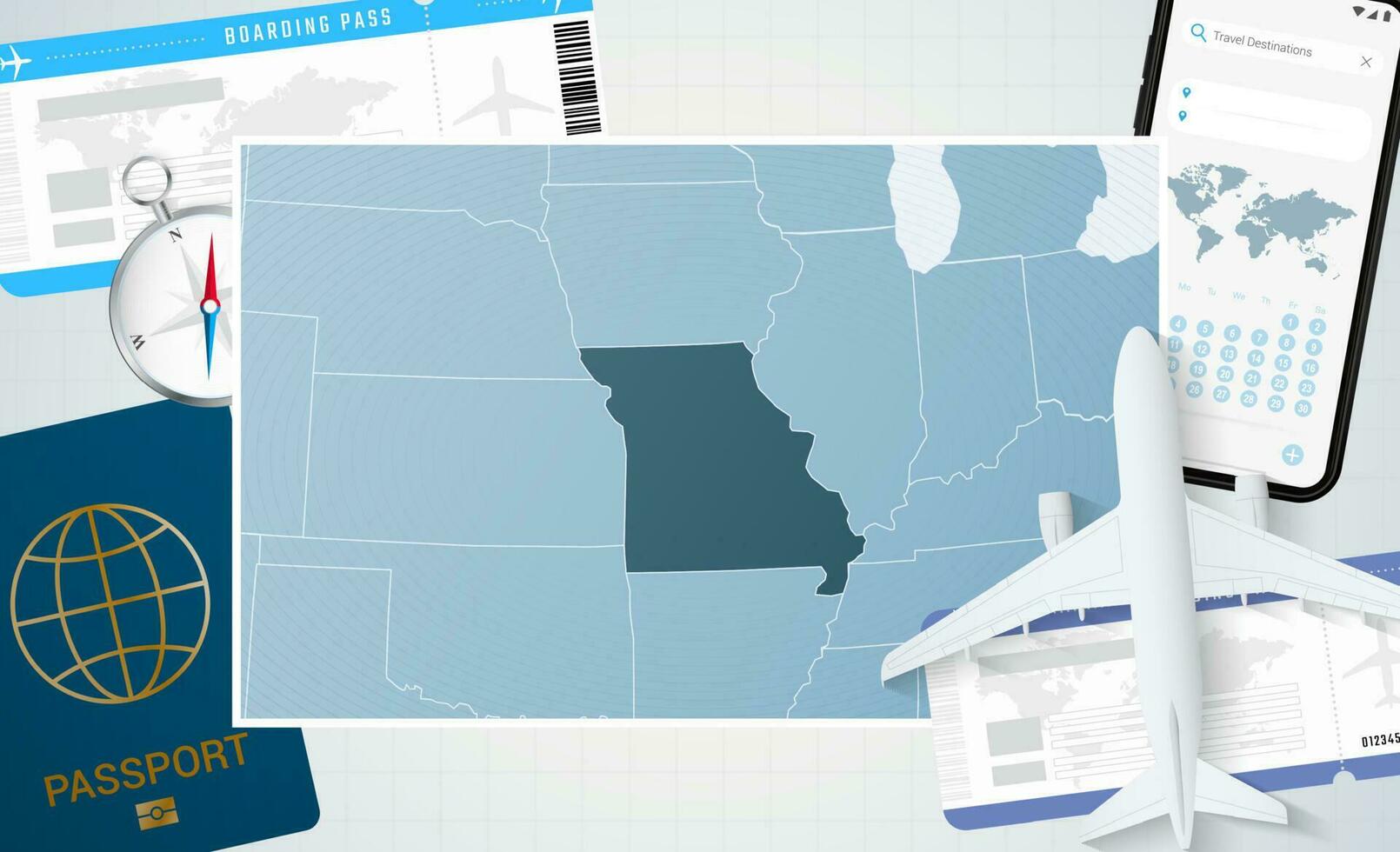 périple à Missouri, illustration avec une carte de Missouri. Contexte avec avion, cellule téléphone, passeport, boussole et des billets. vecteur