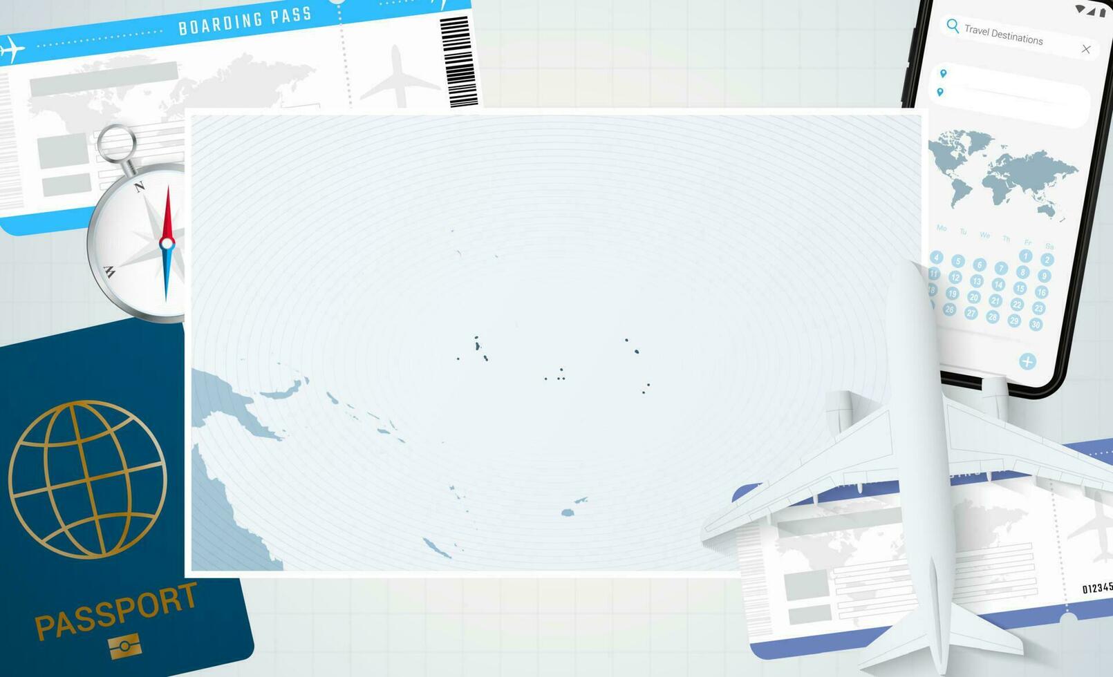 périple à Kiribati, illustration avec une carte de Kiribati. Contexte avec avion, cellule téléphone, passeport, boussole et des billets. vecteur