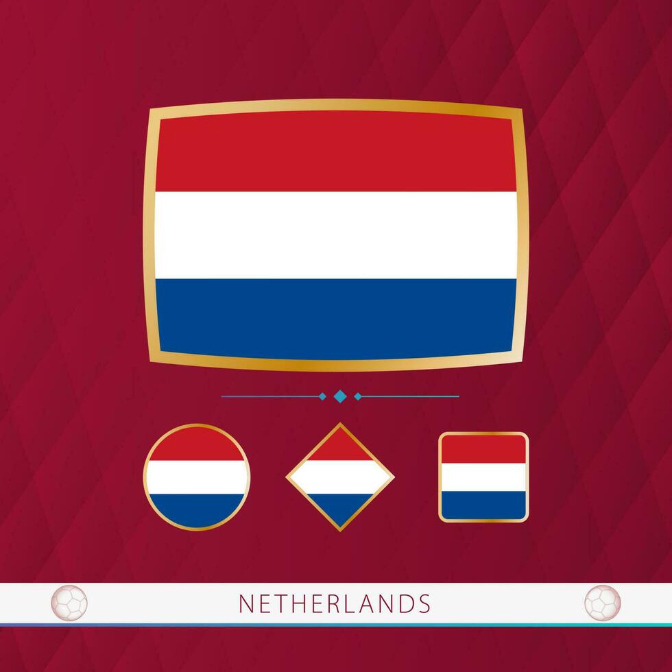 ensemble de Pays-Bas drapeaux avec or Cadre pour utilisation à sportif événements sur une Bourgogne abstrait Contexte. vecteur