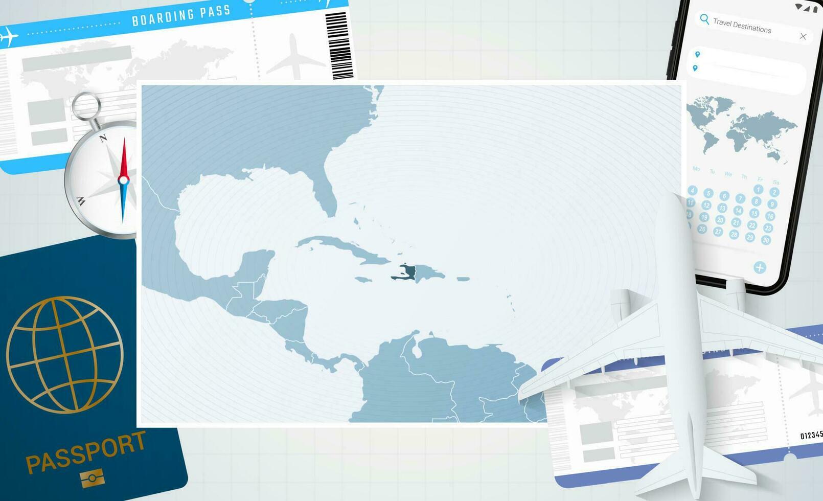 périple à Haïti, illustration avec une carte de Haïti. Contexte avec avion, cellule téléphone, passeport, boussole et des billets. vecteur