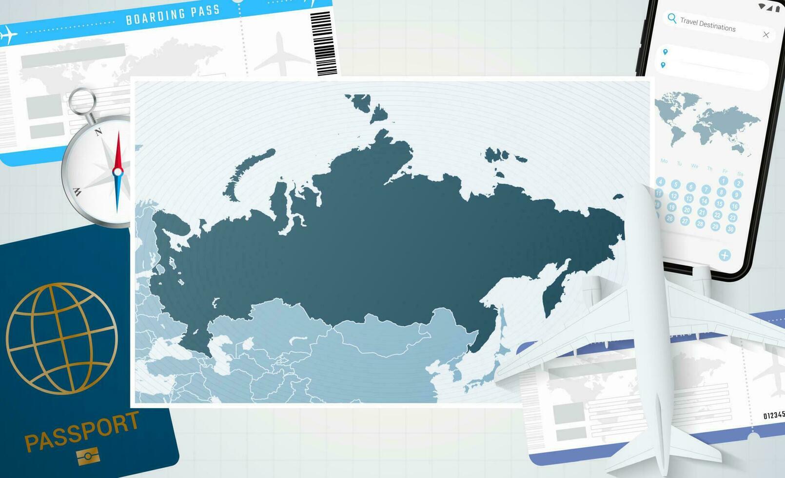 périple à Russie, illustration avec une carte de Russie. Contexte avec avion, cellule téléphone, passeport, boussole et des billets. vecteur