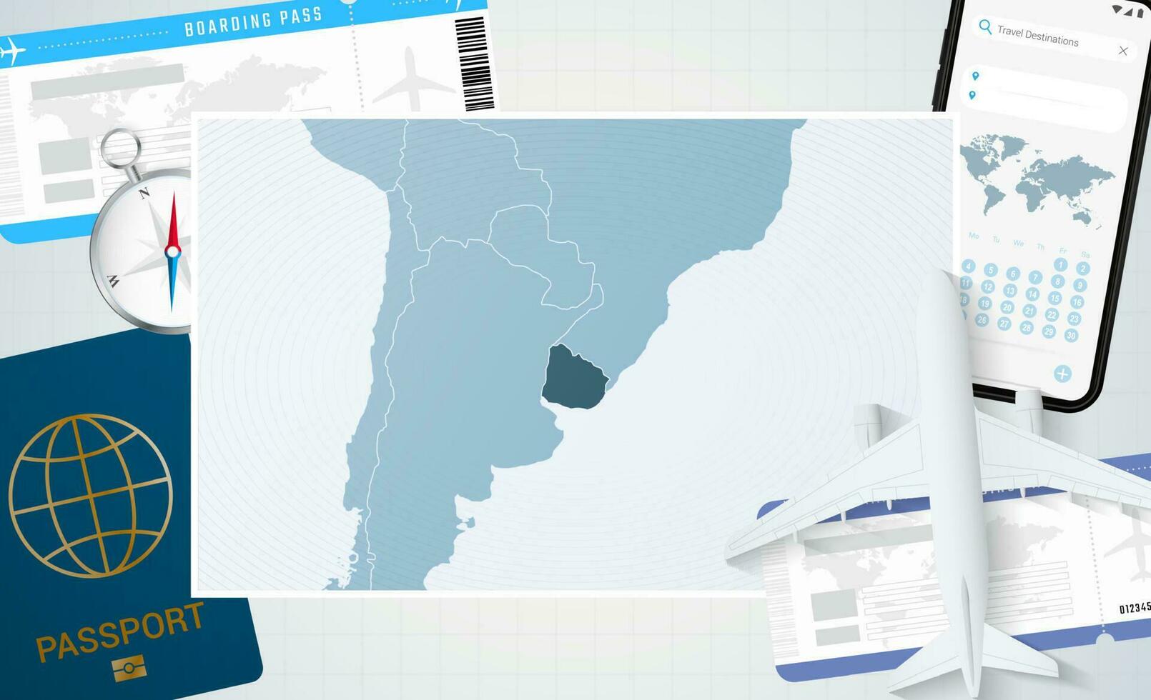 périple à Uruguay, illustration avec une carte de Uruguay. Contexte avec avion, cellule téléphone, passeport, boussole et des billets. vecteur