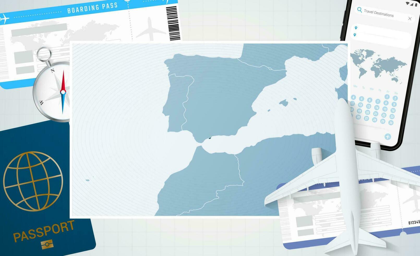 périple à Gibraltar, illustration avec une carte de Gibraltar. Contexte avec avion, cellule téléphone, passeport, boussole et des billets. vecteur