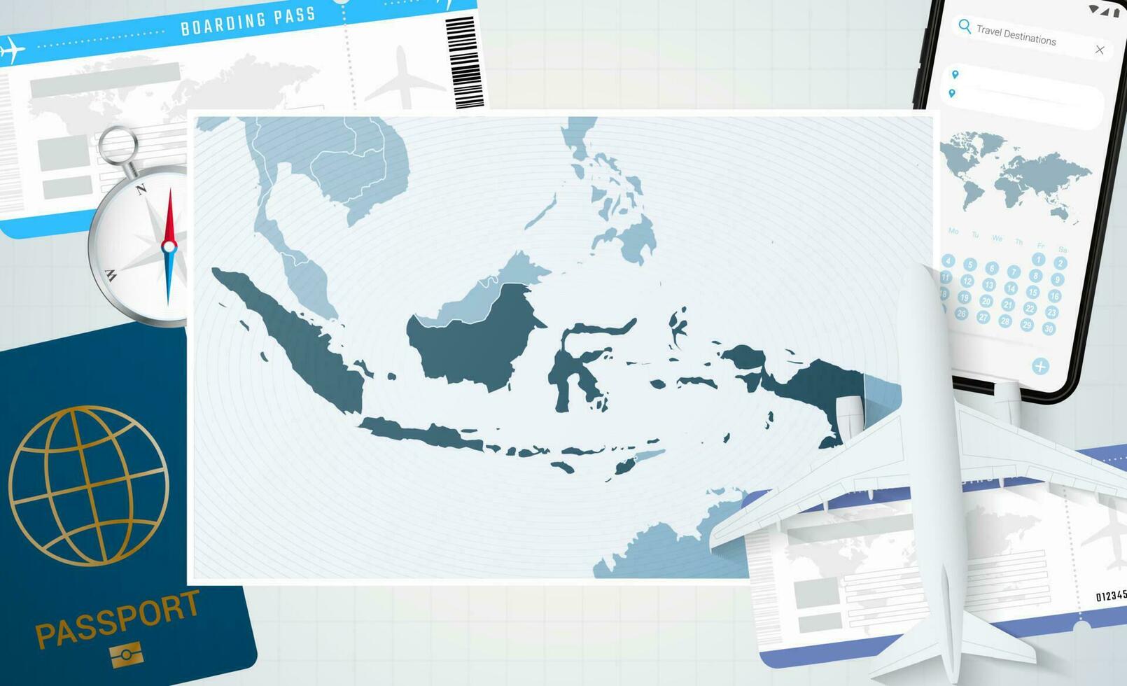 périple à Indonésie, illustration avec une carte de Indonésie. Contexte avec avion, cellule téléphone, passeport, boussole et des billets. vecteur