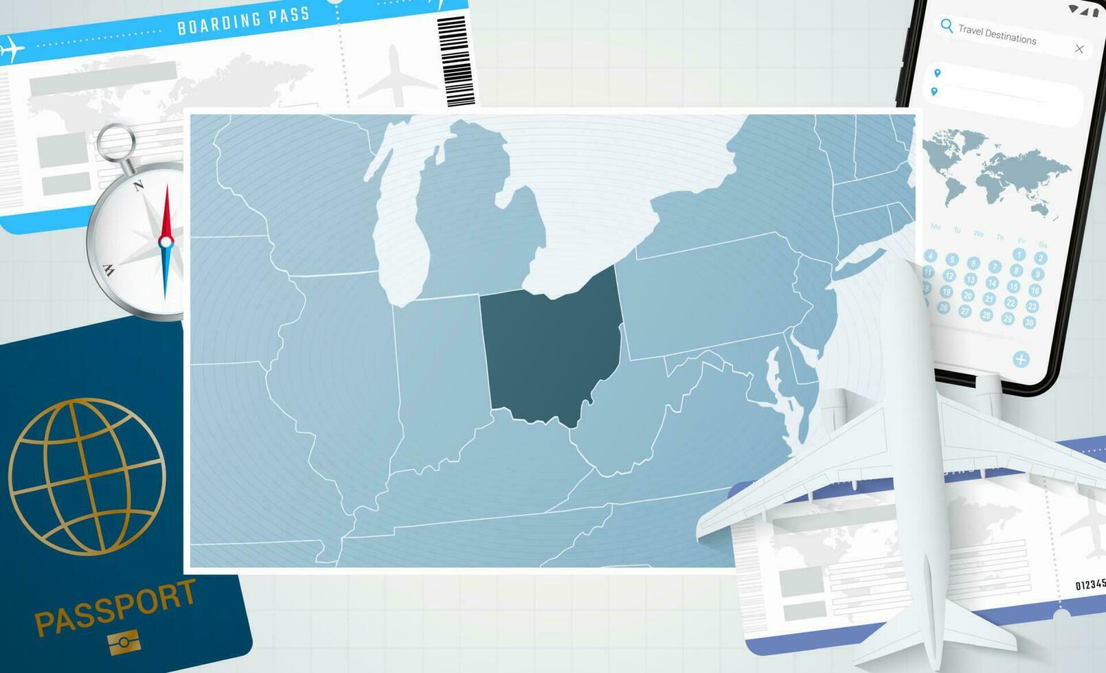 périple à Ohio, illustration avec une carte de Ohio. Contexte avec avion, cellule téléphone, passeport, boussole et des billets. vecteur