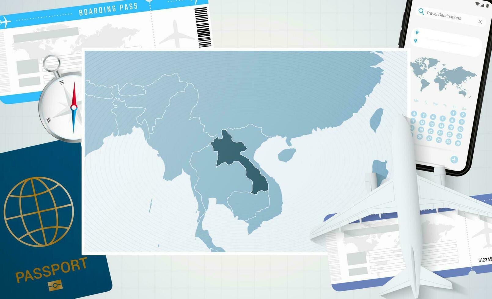 périple à Laos, illustration avec une carte de Laos. Contexte avec avion, cellule téléphone, passeport, boussole et des billets. vecteur