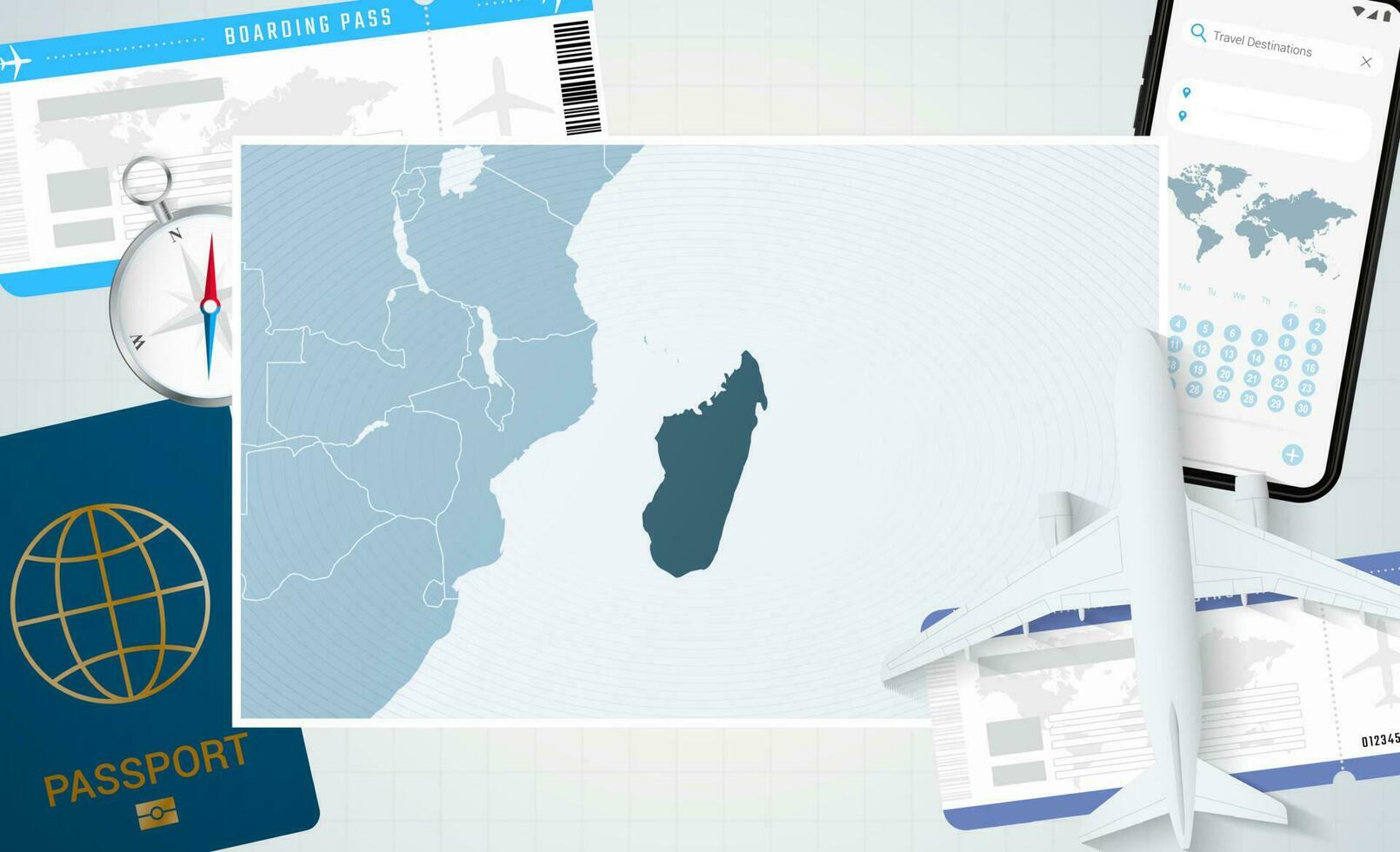 périple à Madagascar, illustration avec une carte de Madagascar. Contexte avec avion, cellule téléphone, passeport, boussole et des billets. vecteur
