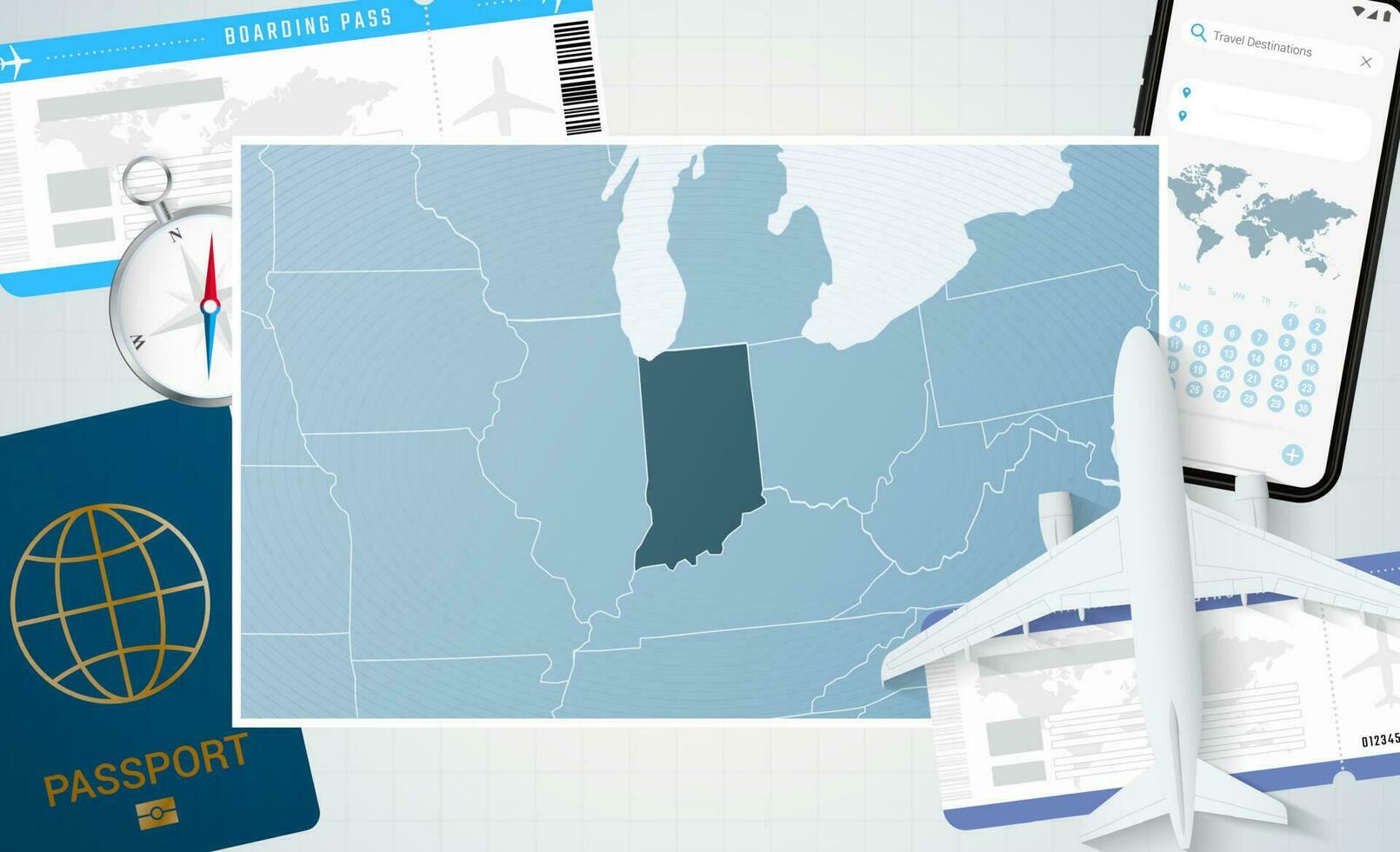 périple à Indiana, illustration avec une carte de Indiana. Contexte avec avion, cellule téléphone, passeport, boussole et des billets. vecteur