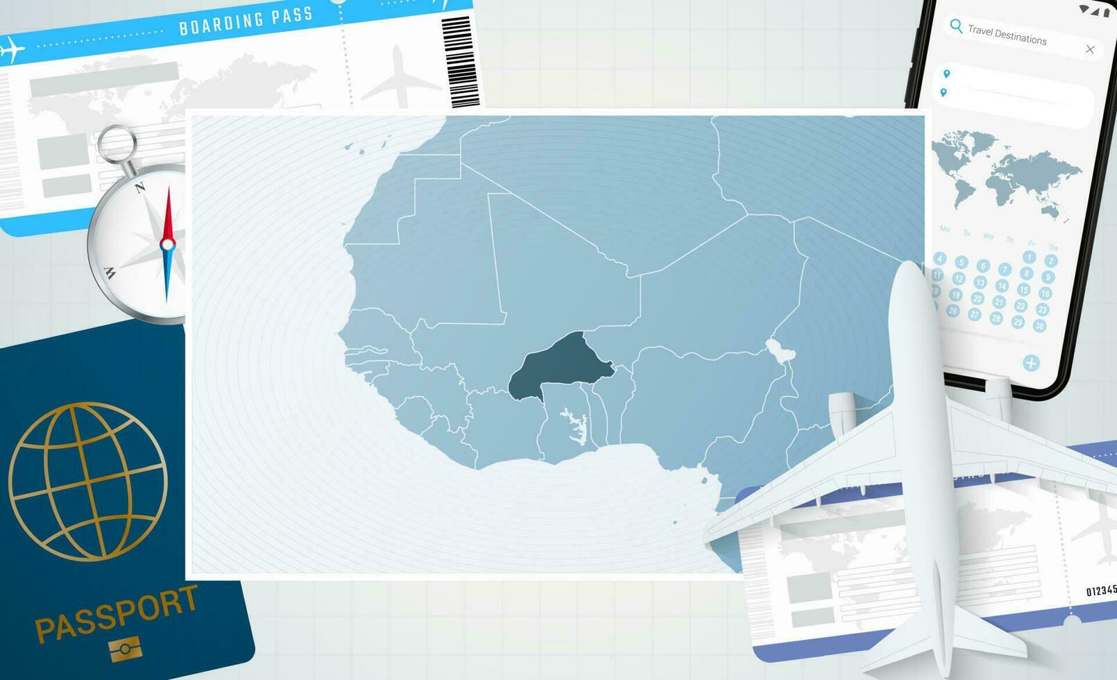 périple à burkina faso, illustration avec une carte de burkina faso. Contexte avec avion, cellule téléphone, passeport, boussole et des billets. vecteur