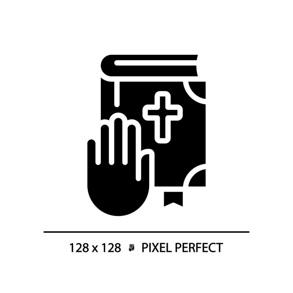 serment sur Bible dans loi tribunal pixel parfait rgb Couleur icône. religieux rituel dans jugement. promettre de témoin. silhouette symbole sur blanc espace. solide pictogramme. vecteur isolé illustration