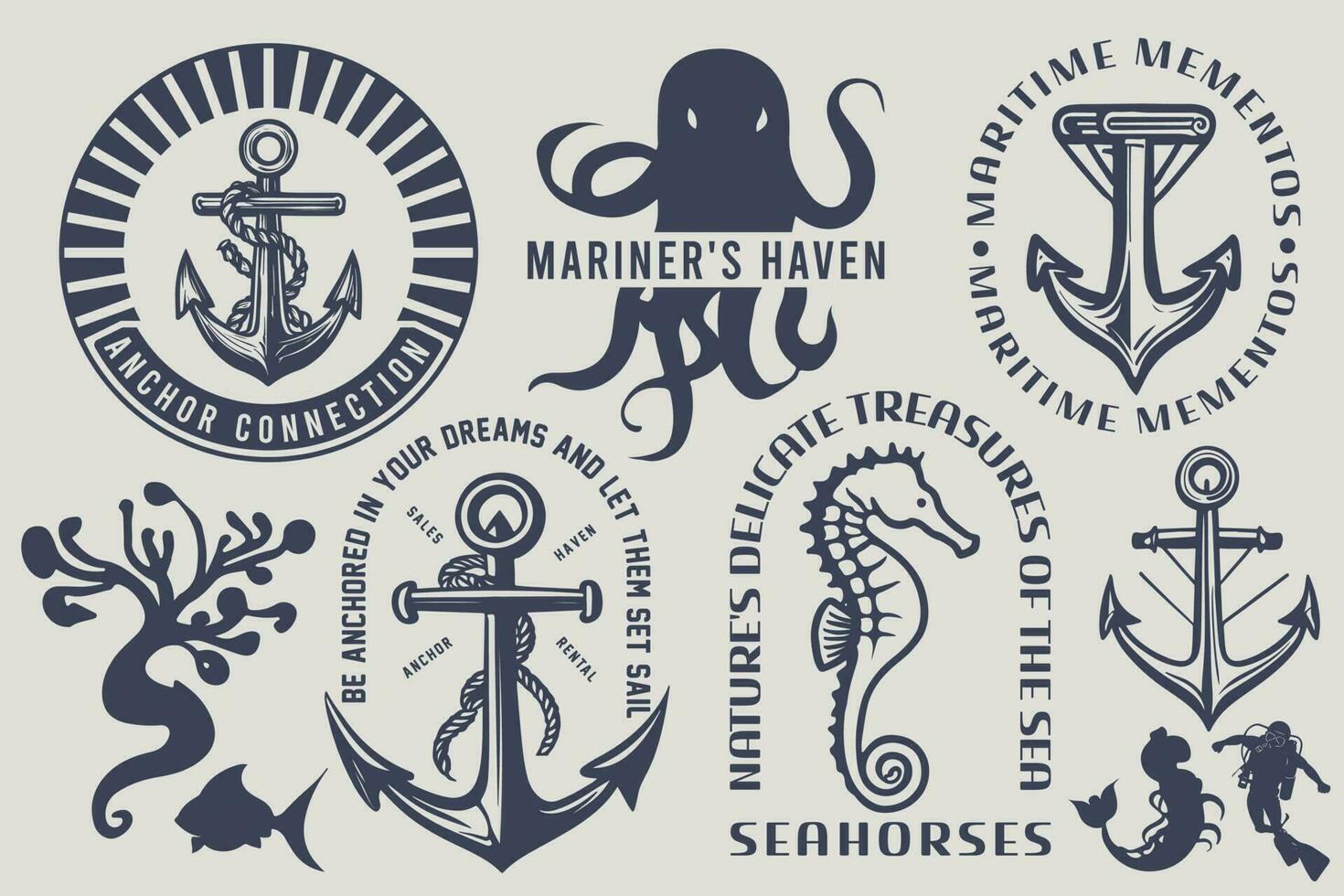 ensemble de nautique logos, Marin insignes, maritime et mer océan style citations avec un ancre, et Stock vecteur pour T-shirt impressions.