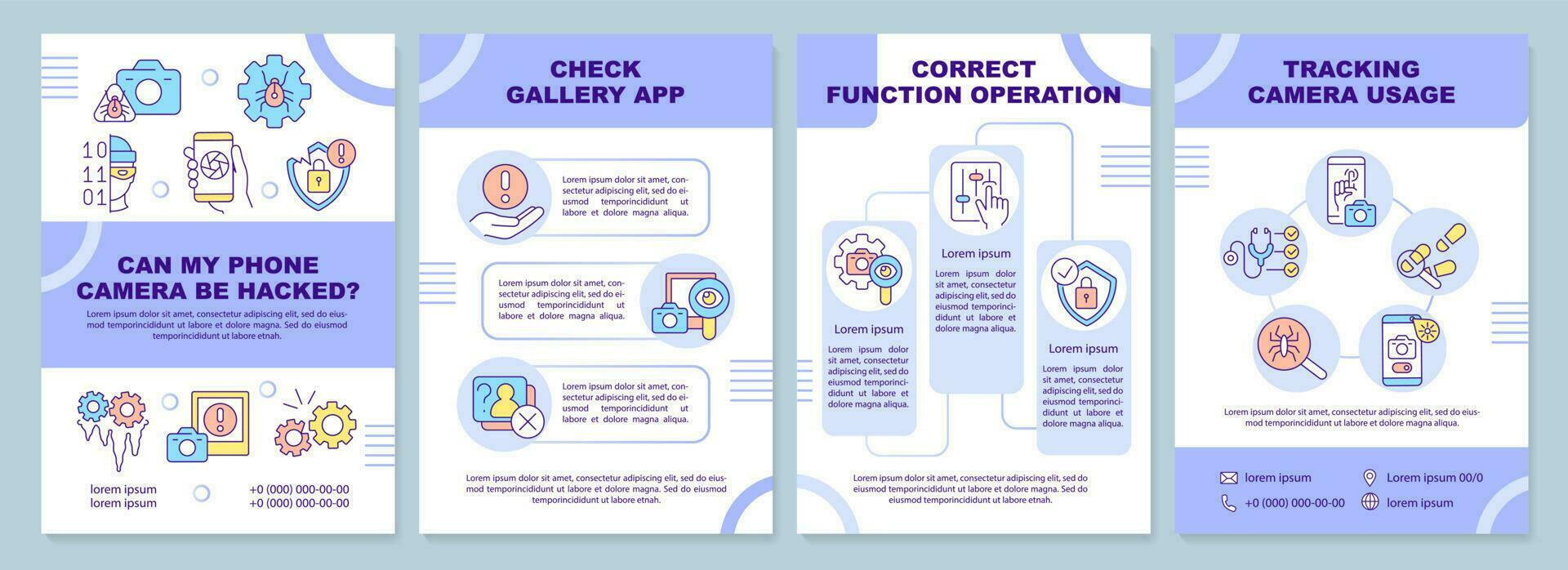 possible téléphone caméra le piratage violet brochure modèle. brochure conception avec linéaire Icônes. modifiable 4 vecteur mises en page pour présentation, annuel rapports