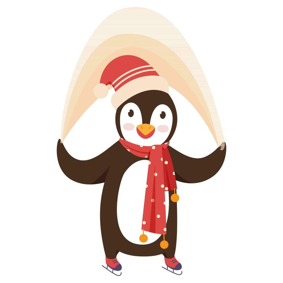 dessin animé manchot patinage avec porter Père Noël chapeau et écharpe dans permanent pose. vecteur