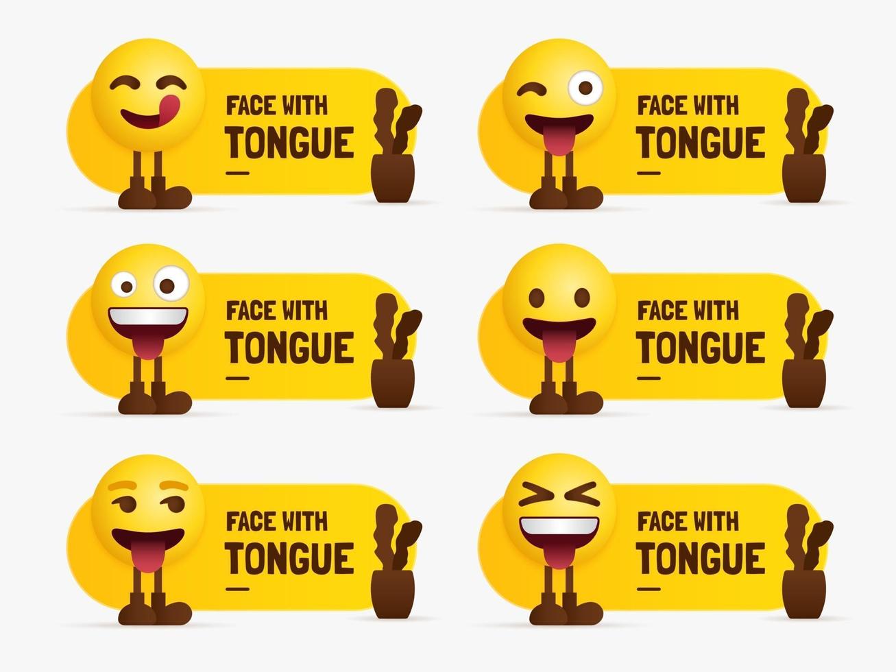 caractères emoji debout avec étiquette de texte ensemble de sourire avec la langue émotionnelle vecteur