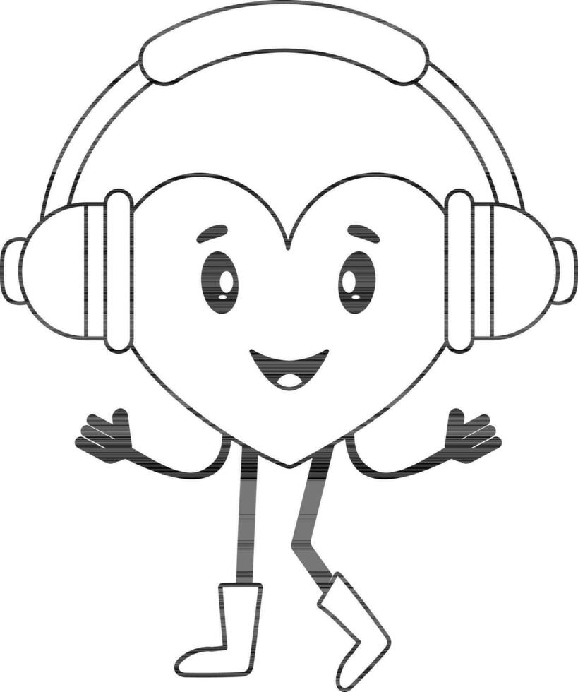 vecteur illustration de dessin animé cœur porter casque de musique dans noir et blanc couleur.