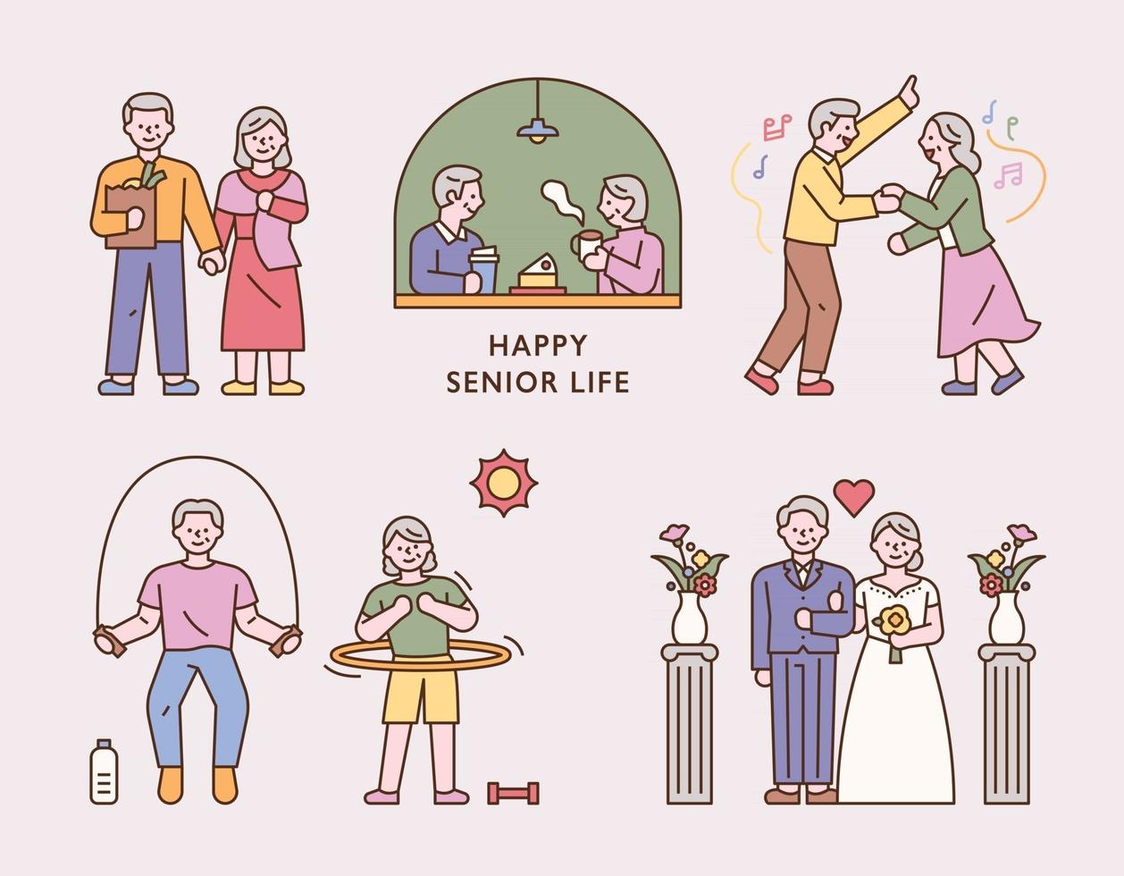 heureux mode de vie de couple de personnes âgées. illustration vectorielle minimale de style design plat. vecteur