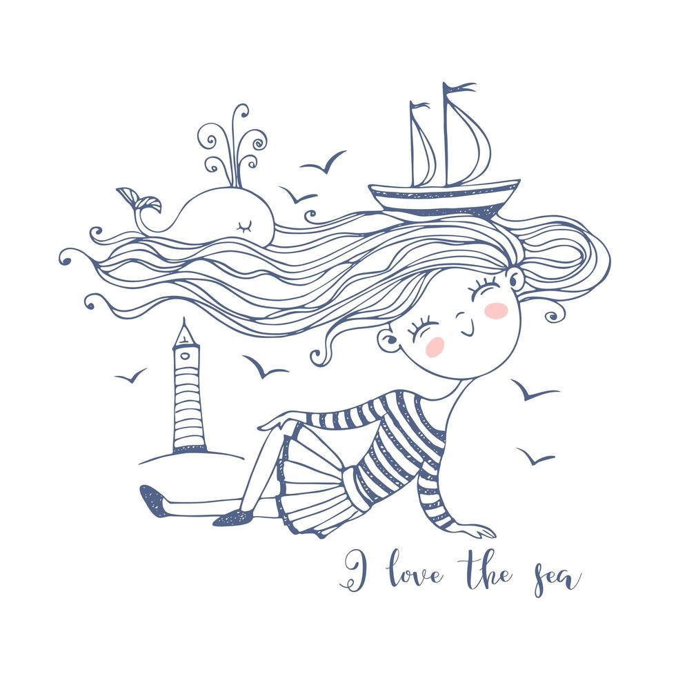 mignonne petite fille de marin avec un océan de cheveux sur lequel les navires et un vecteur de style doodle nage baleine