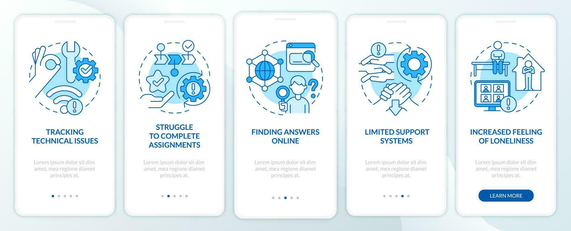 faire face avec en ligne apprentissage stress bleu l'intégration mobile app filtrer. procédure pas à pas 5 pas modifiable graphique instructions avec linéaire concepts. interface utilisateur, ux, gui modèle vecteur