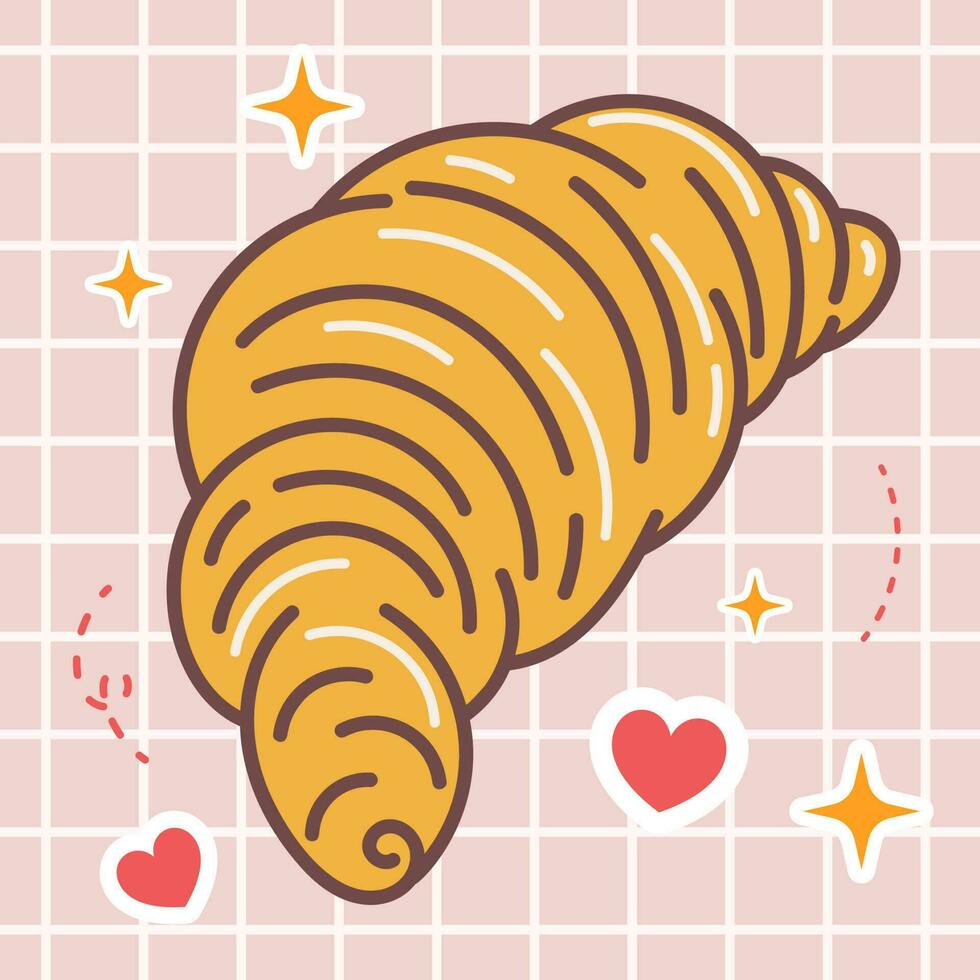 kawaii nourriture dessin animé de croissant Pâtisserie vecteur icône de mignonne Japonais griffonnage style pour enfant produit, autocollant, chemise sur Orange Contexte plat illustration