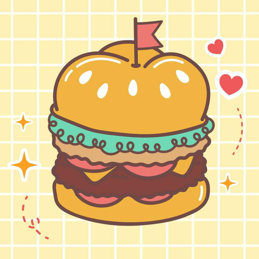 kawaii nourriture dessin animé de du boeuf Burger vecteur icône de mignonne Japonais griffonnage style pour enfant produit, autocollant, chemise sur Jaune Contexte plat illustration