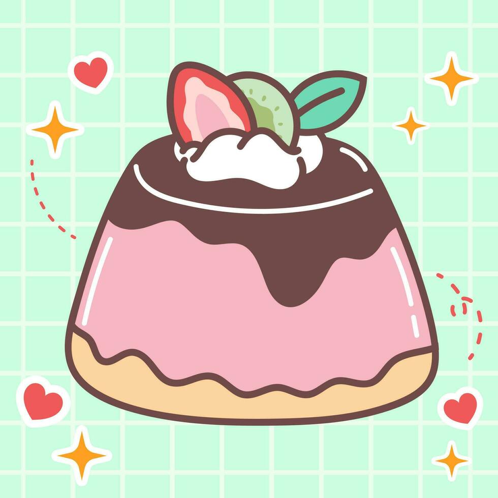 kawaii nourriture dessin animé de fraise pudding illustration. vecteur icône de mignonne Japonais griffonnage style pour enfant produit, autocollant, chemise, fond d'écran, carte