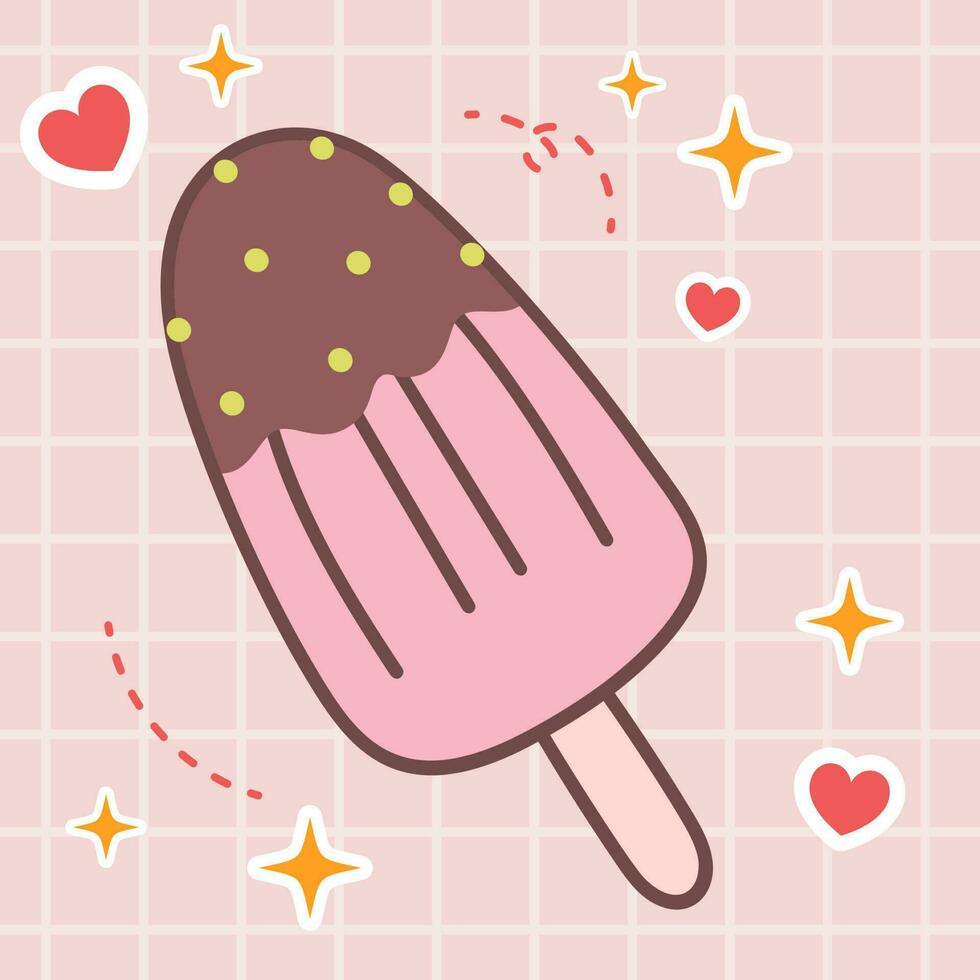 mignonne Frais fraise la glace crème popsicle dessert kawaii nourriture avec rose éléments vecteur