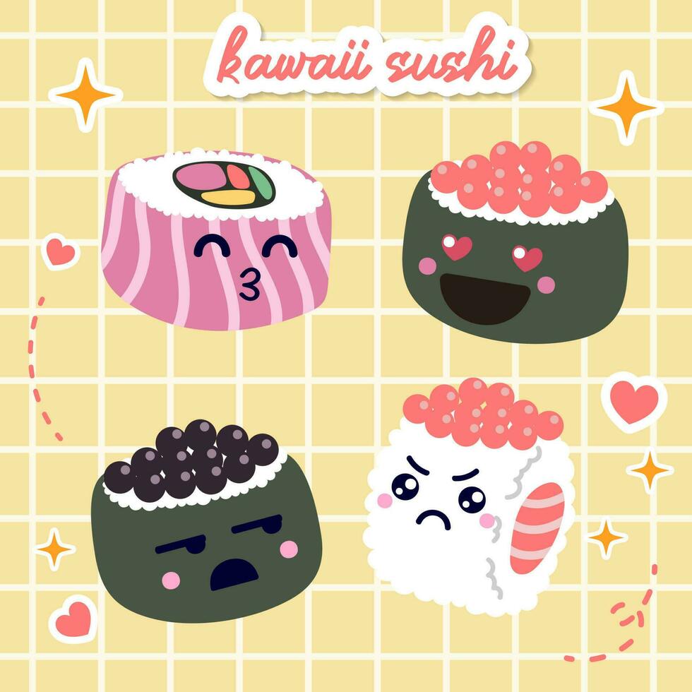 kawaii Sushi et Rouleaux vecteur dans Japon anime manga style avec mignonne souriant visage rose joues. Japonais traditionnel cuisine vaisselle dans plat illustration