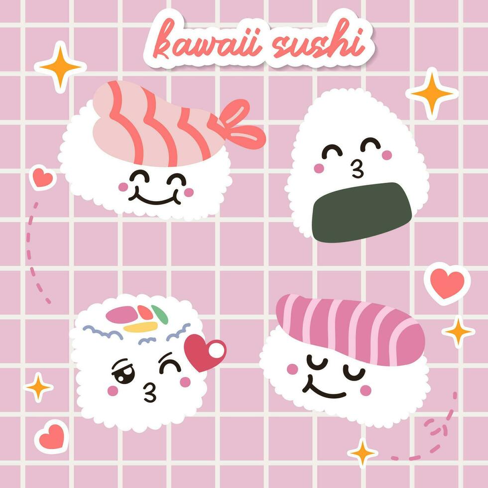 kawaii Sushi et Rouleaux vecteur dans Japon anime manga style avec mignonne souriant visage rose joues. Japonais traditionnel cuisine vaisselle dans plat illustration
